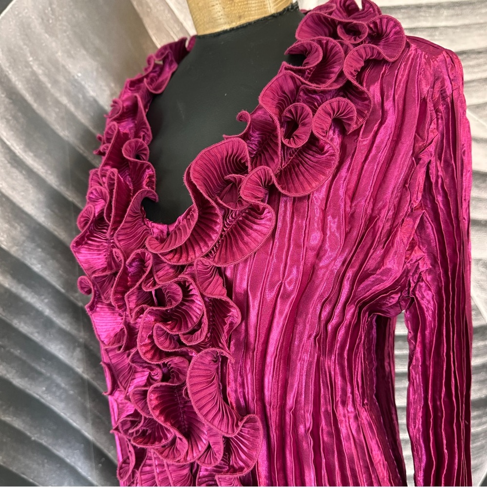 Vintage Fuchsia Ruffled Pleated Shirt XL Long Sleeve Glorious Hot Pink Satin